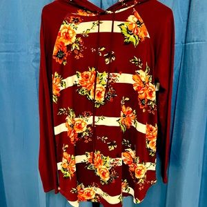 Burgundy Floral Long Sleeve Hooded Top